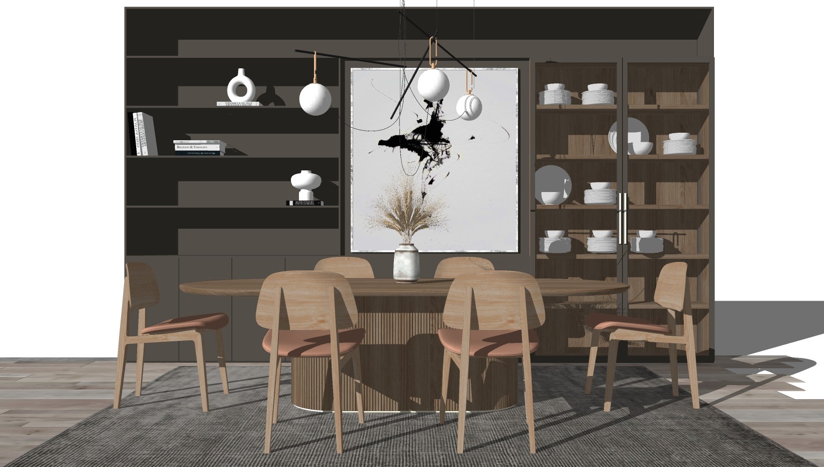 北欧现代简约木制餐桌椅子，储物柜su草图模型下载