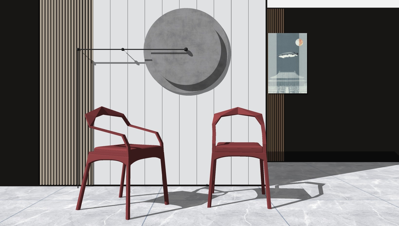 新中式单人休闲椅子，餐椅su草图模型下载