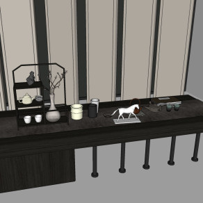 中式茶桌椅，博古架，茶具摆件su草图模型下载
