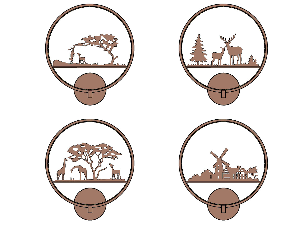 北欧麋鹿，树，风车剪影圆形壁灯su草图模型下载