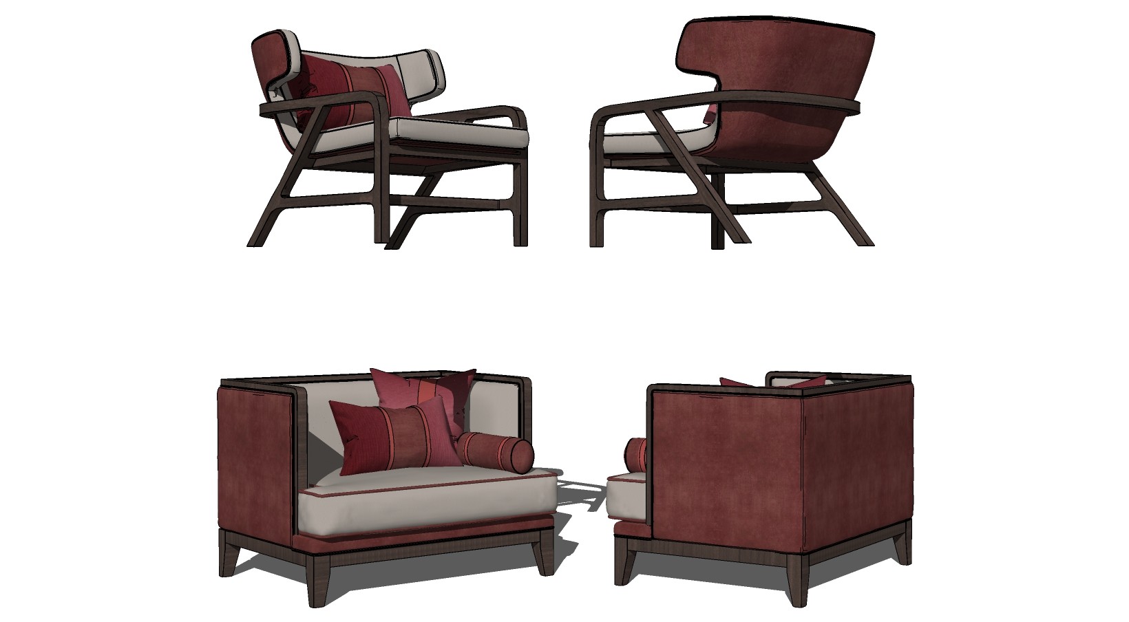 新中式木制单人休闲沙发椅子，su草图模型下载