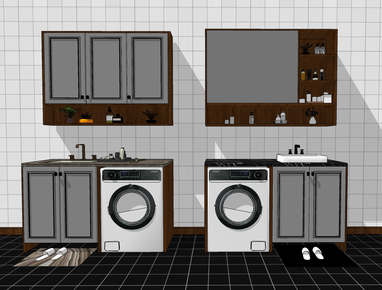 21现代阳台卫生间浴室柜洗衣机伴侣，橱柜吊柜su草图模型下载