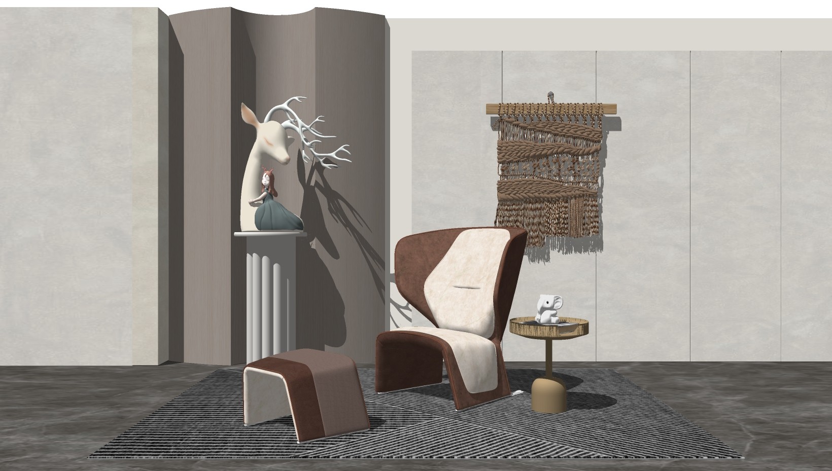 风格休闲椅子，凳子，鹿头人物雕塑摆件， su草图模型下载