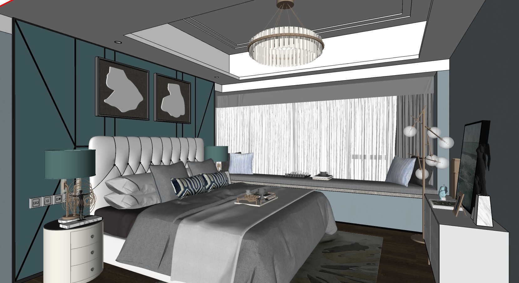 轻奢简欧式卧室，双人床床头柜飘窗 su草图模型下载