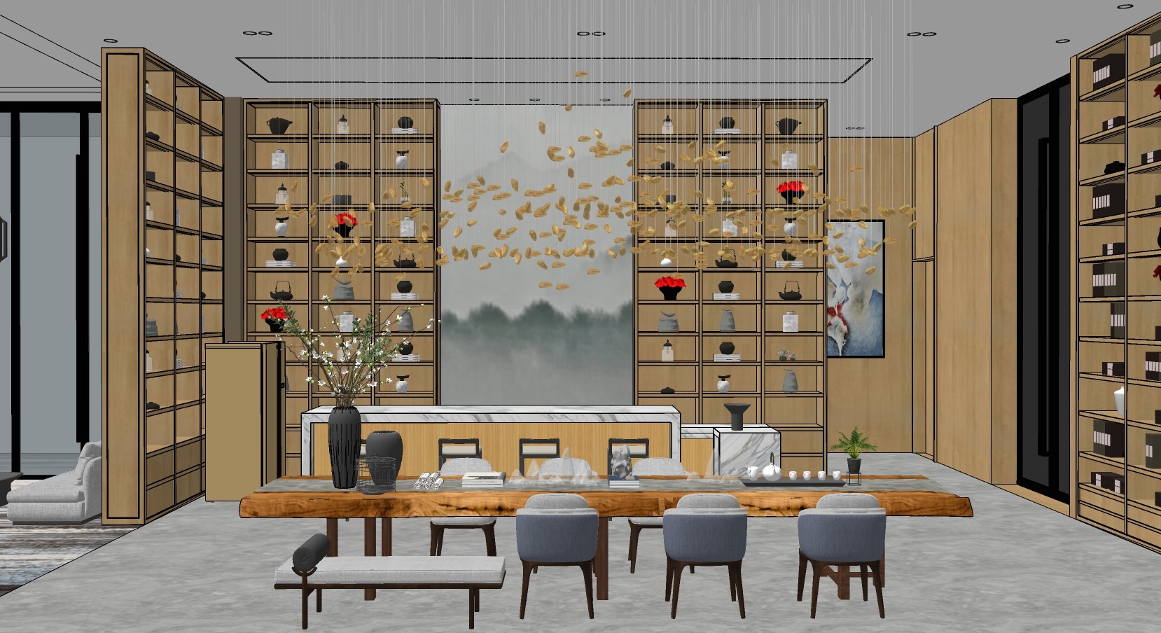 新中式售楼处茶歇区，茶台，茶桌椅 su草图模型下载