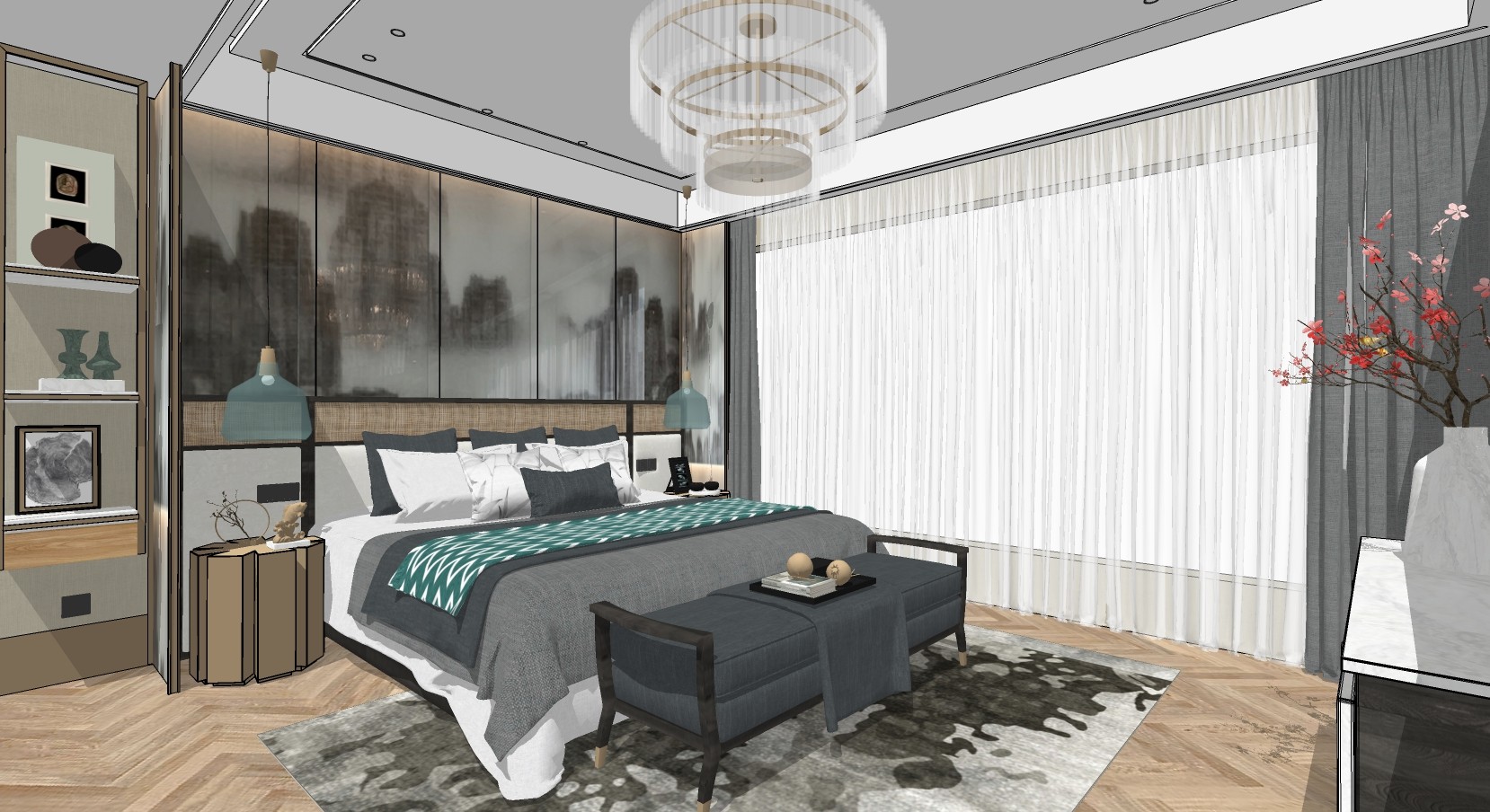 新中式卧室，双人床床尾凳 su草图模型下载