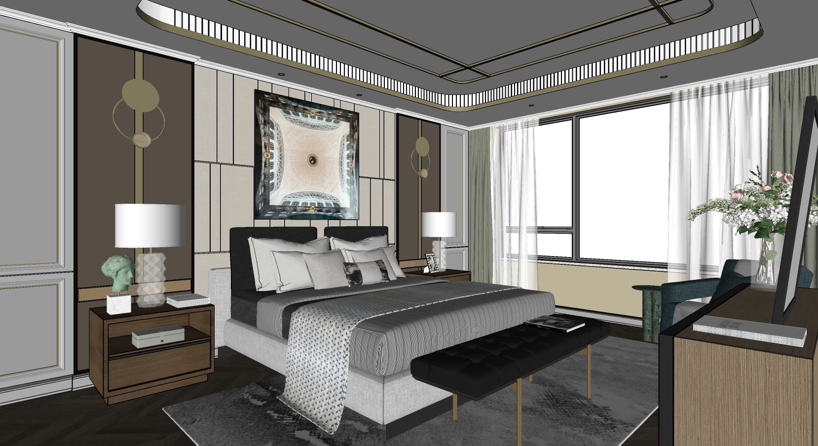 现代卧室，双人床床头柜 su草图模型下载