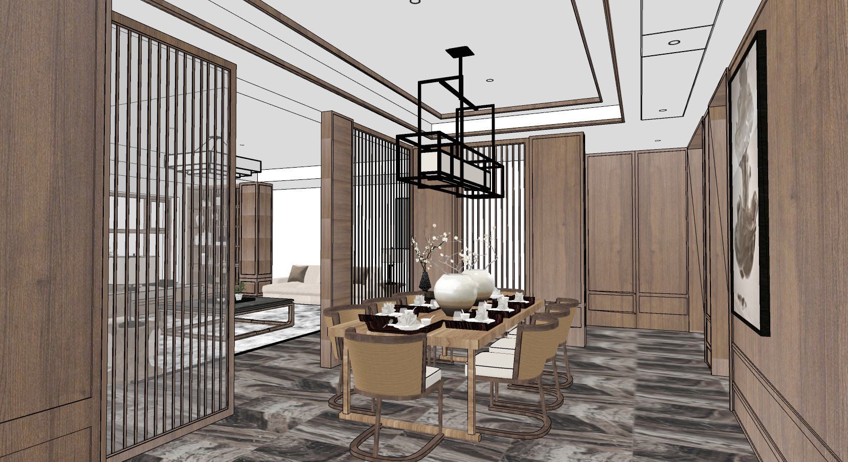 新中式客餐厅餐桌椅 su草图模型下载