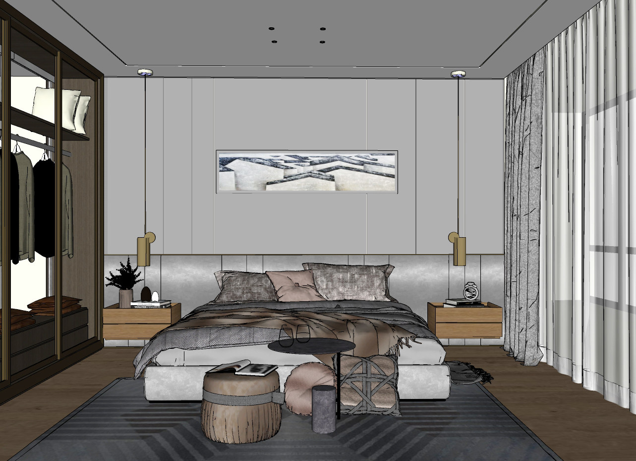 现代轻奢卧室双人床， su草图模型下载