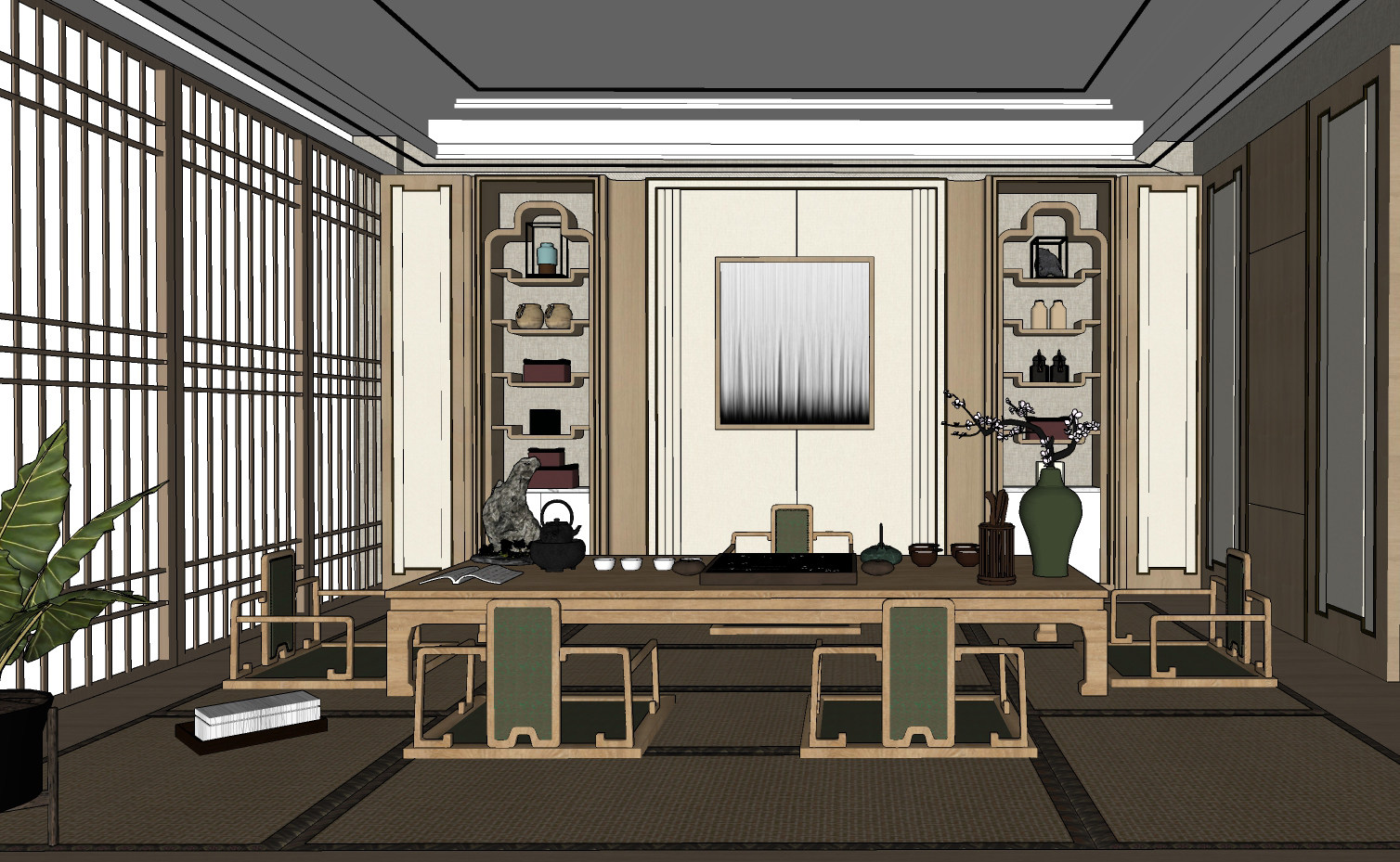 新中式禅意榻榻米茶室 餐桌椅 茶桌椅 su草图模型下载