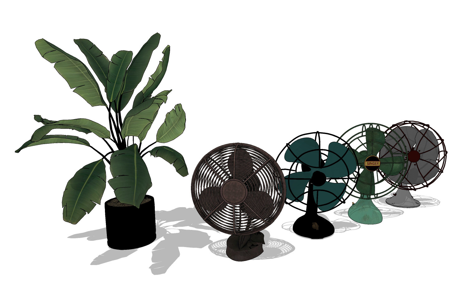 工业风小电风扇，芭蕉叶植物盆栽su草图模型下载