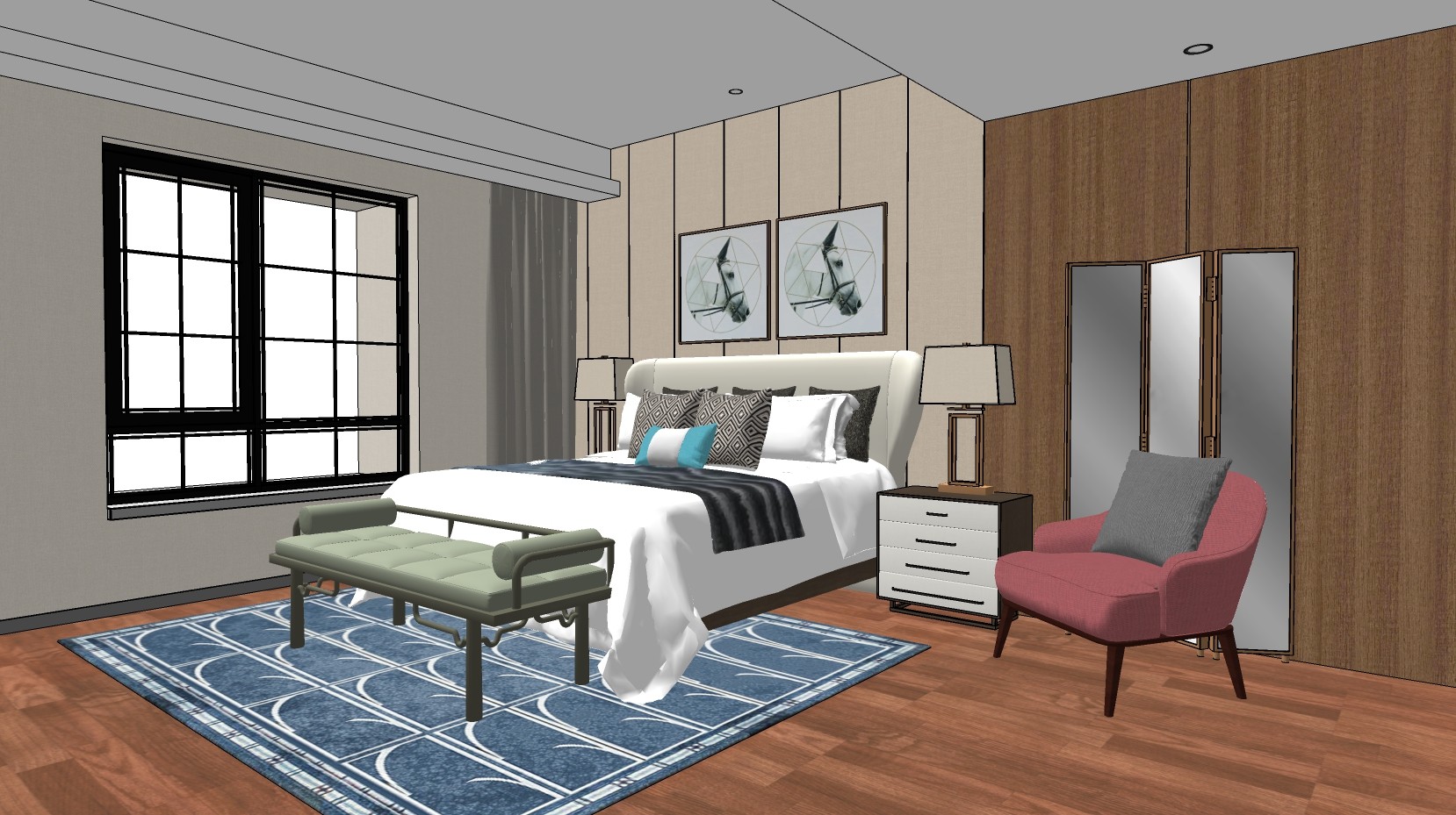 LSDCASA设计现代新中式简欧式卧室双人床 su草图模型下载