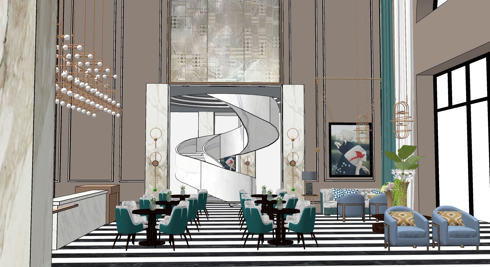 现代酒店餐厅大堂吧旋转楼梯洽谈桌椅 su草图模型下载
