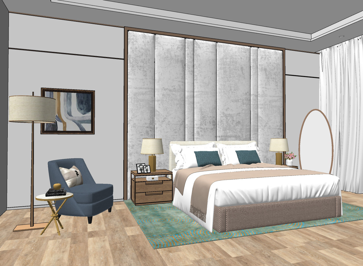 现代简欧式卧室，双人床 su草图模型下载