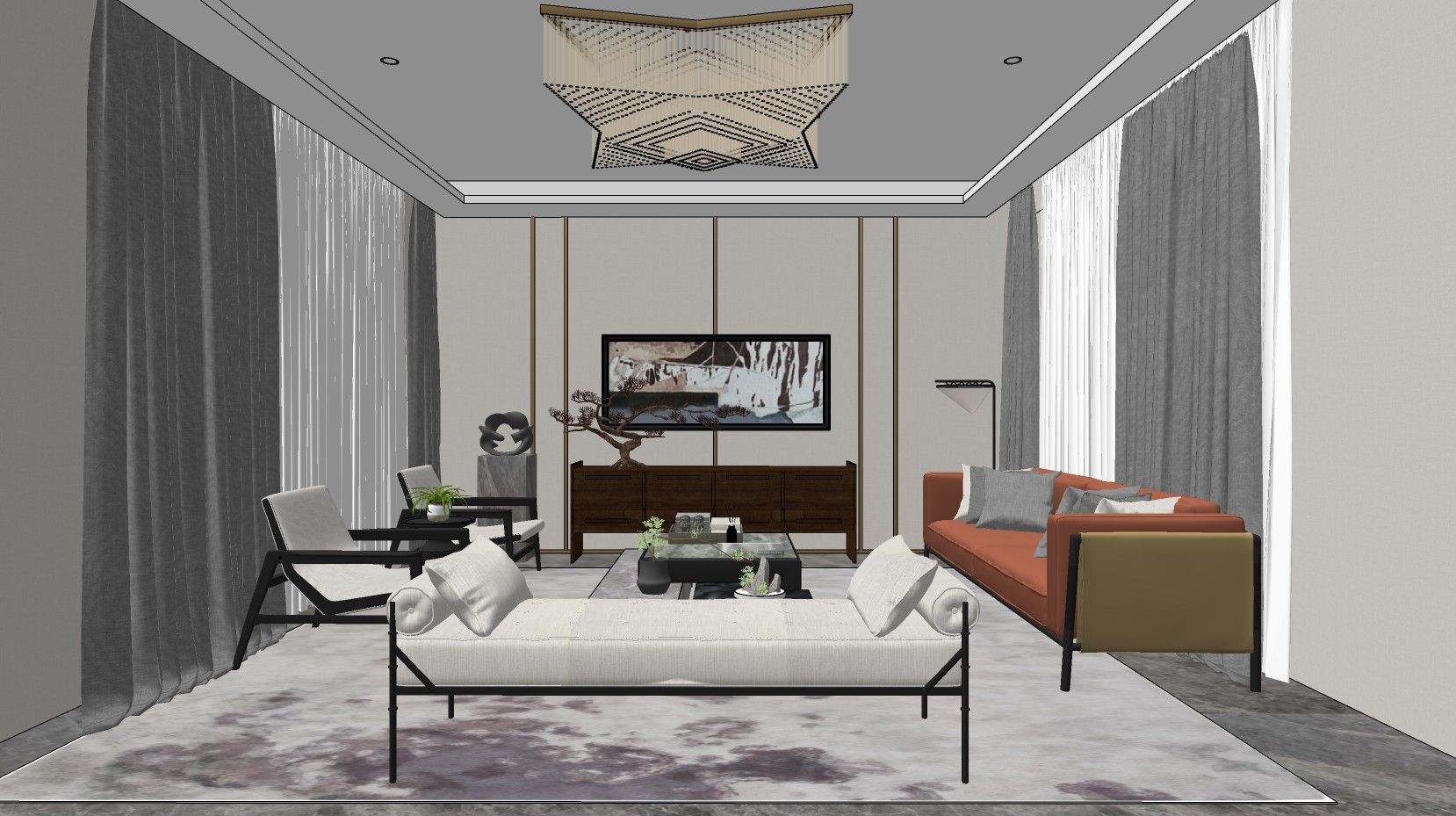 新中式客厅 沙发 卧榻 长条凳 水晶吸顶灯