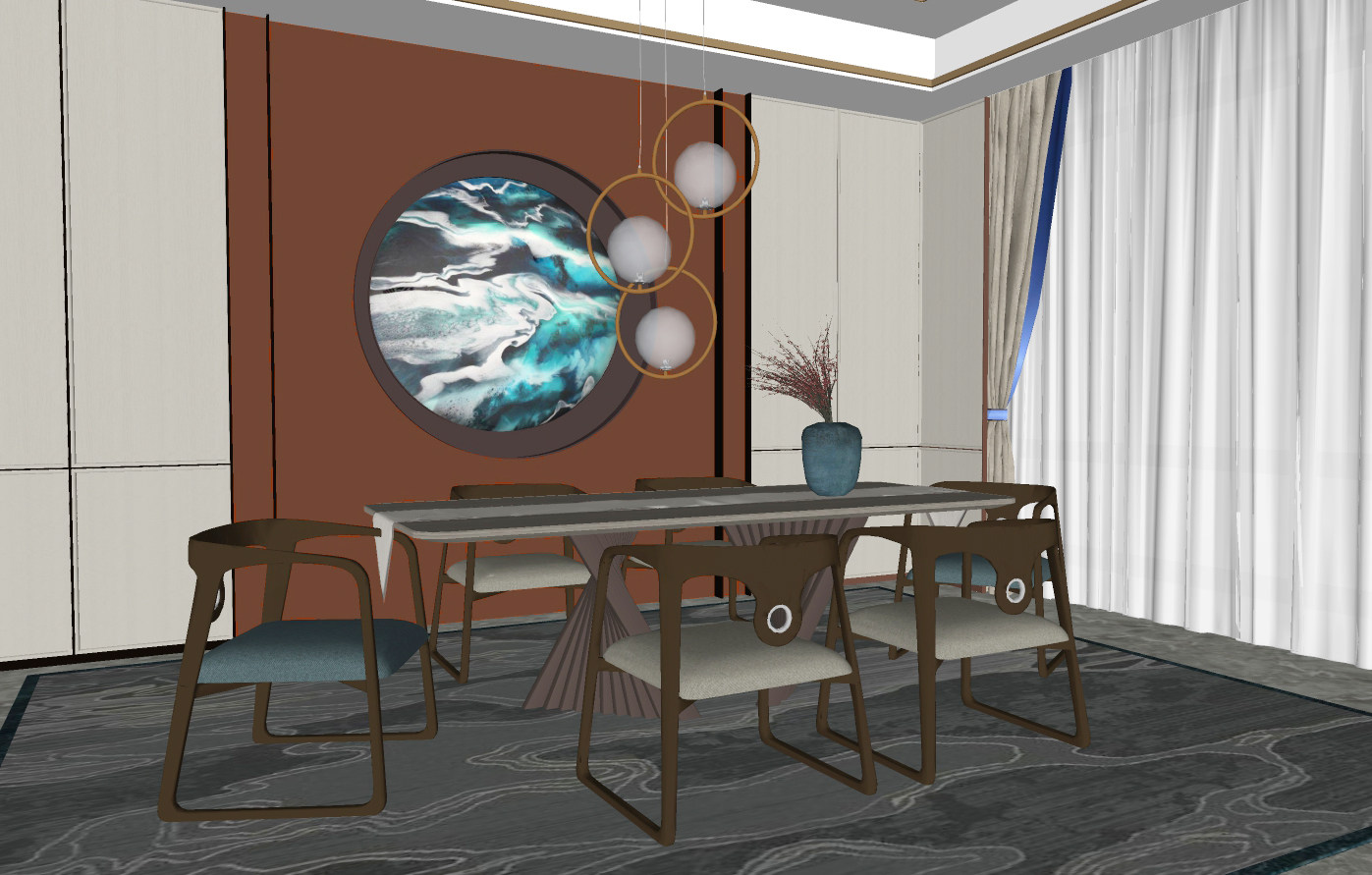 新中式餐桌椅，餐厅，椅子，背景墙su草图模型下载