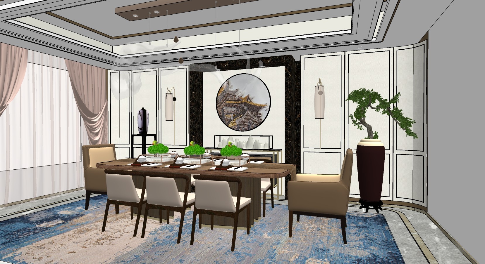 新中式餐厅I su草图模型下载