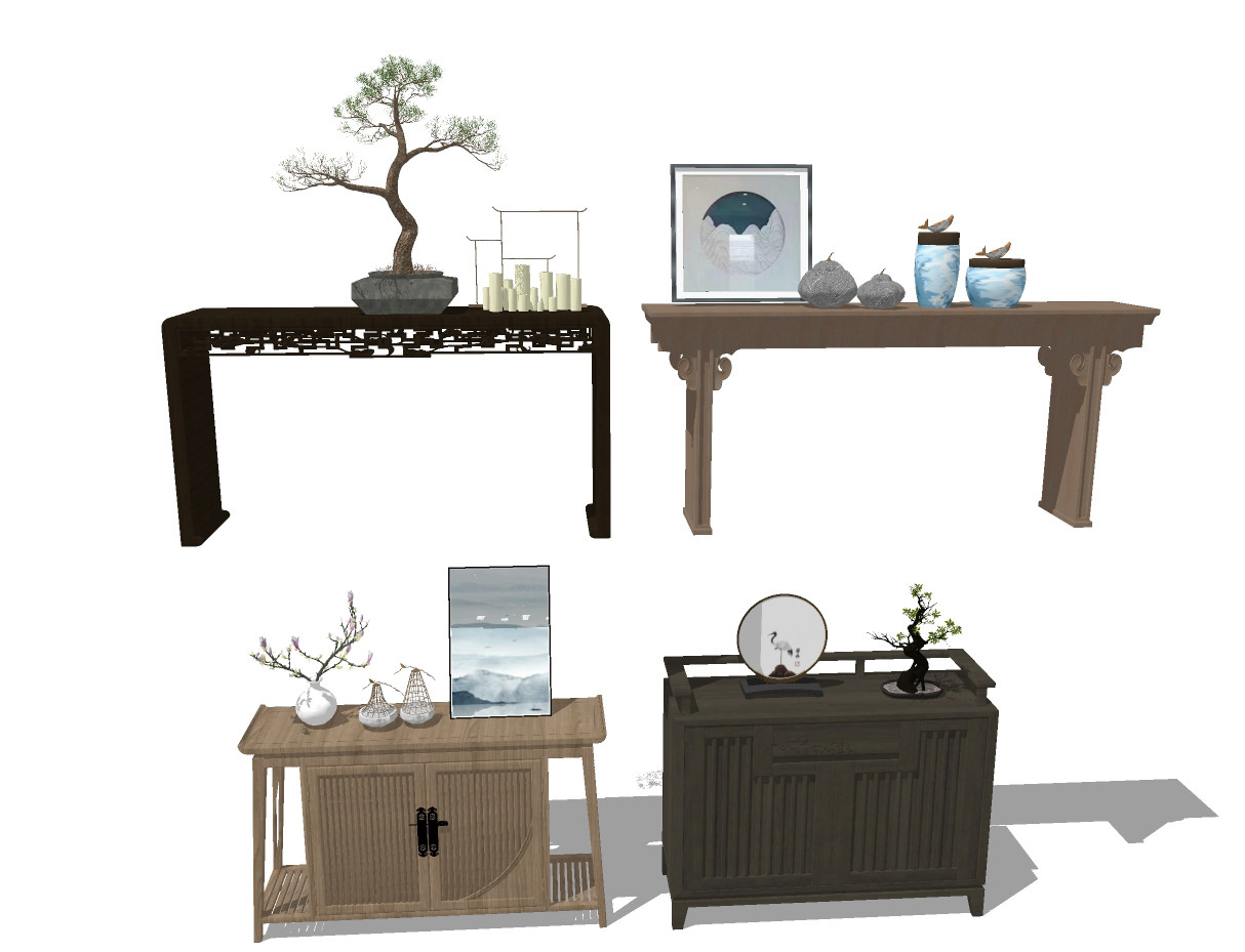 49新中式古典实木条案，条桌，玄关柜，摆台，餐边柜备餐柜摆件su草图模型下载