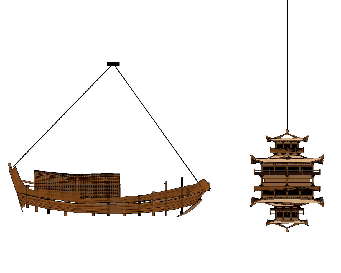 新中式古建，船型，木船吊灯雕塑su草图模型下载