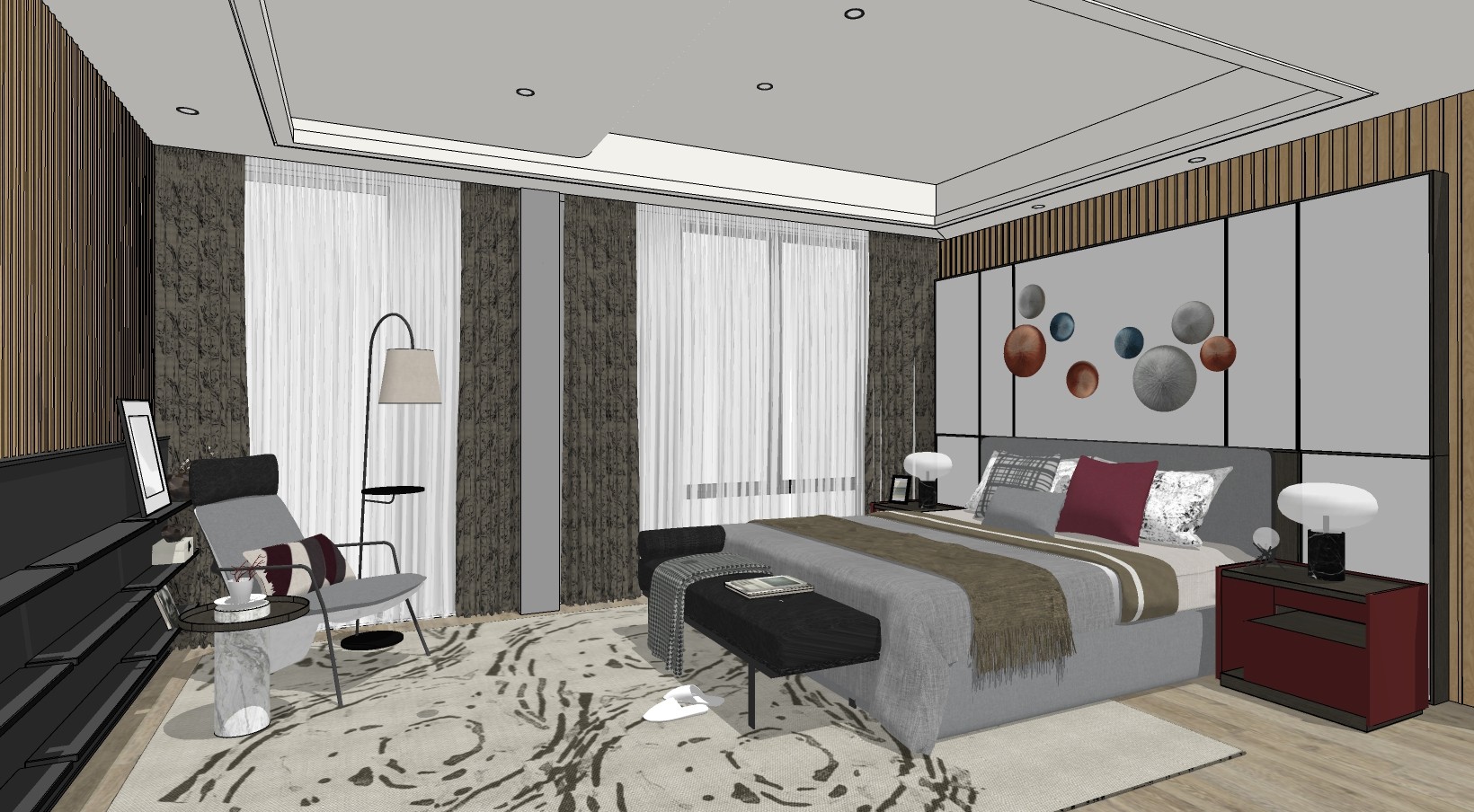 新中式卧室，双人床， su草图模型下载