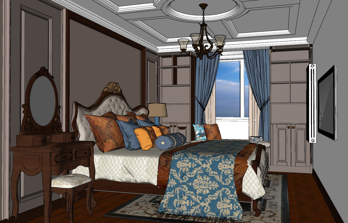 美式卧室，双人床梳妆台su草图模型下载