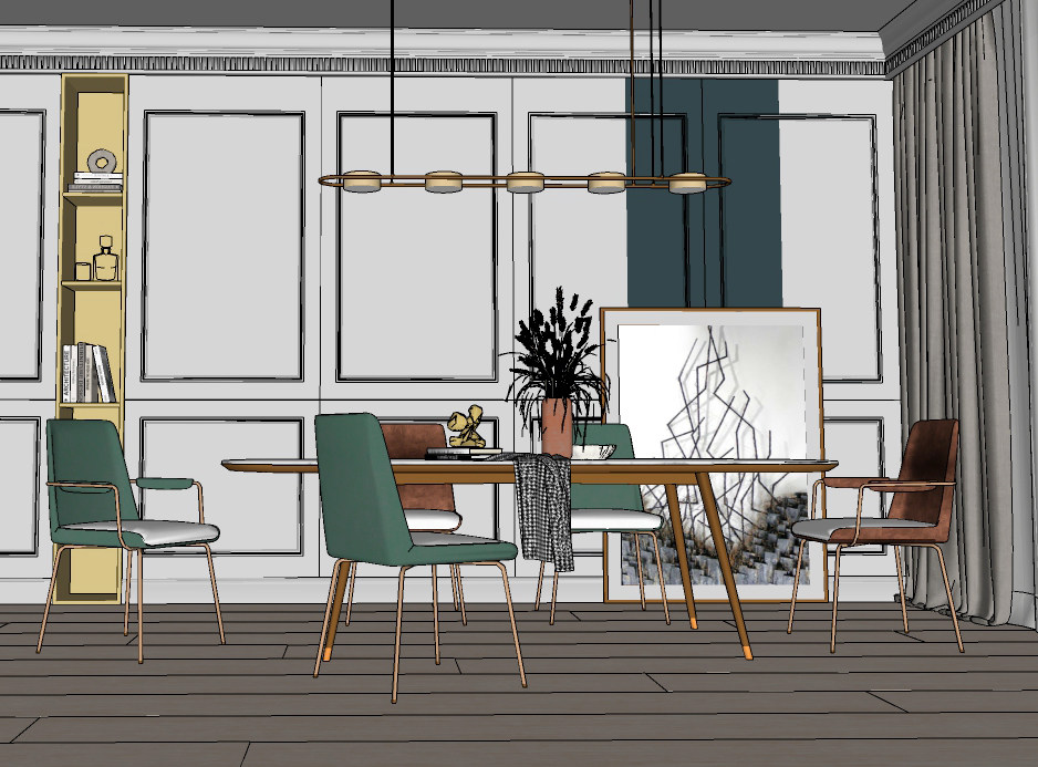 北欧现代餐厅，餐桌椅su草图模型下载