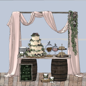 北欧现代工业风婚礼美陈装饰，蛋糕，零食摆件，木质酒桶su草图模型下载