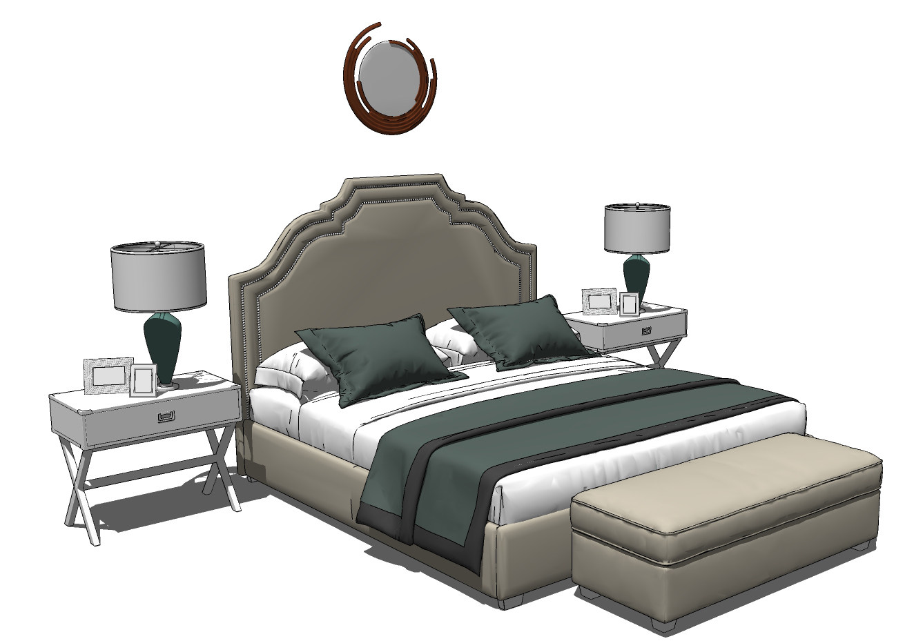 57欧式美式双人床，床头柜床尾凳su草图模型下载
