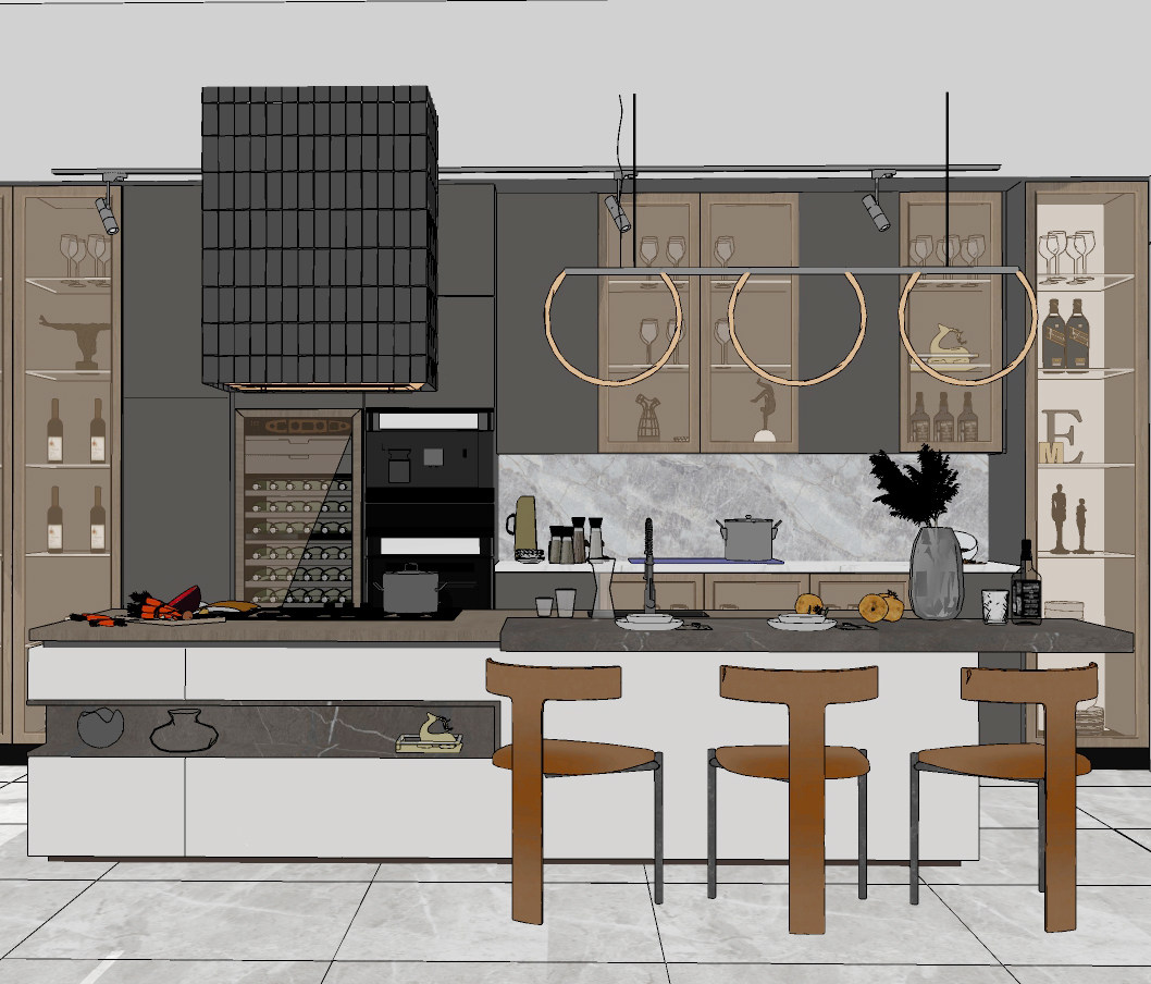 现代开放式厨房，橱柜，中岛吧椅su草图模型下载