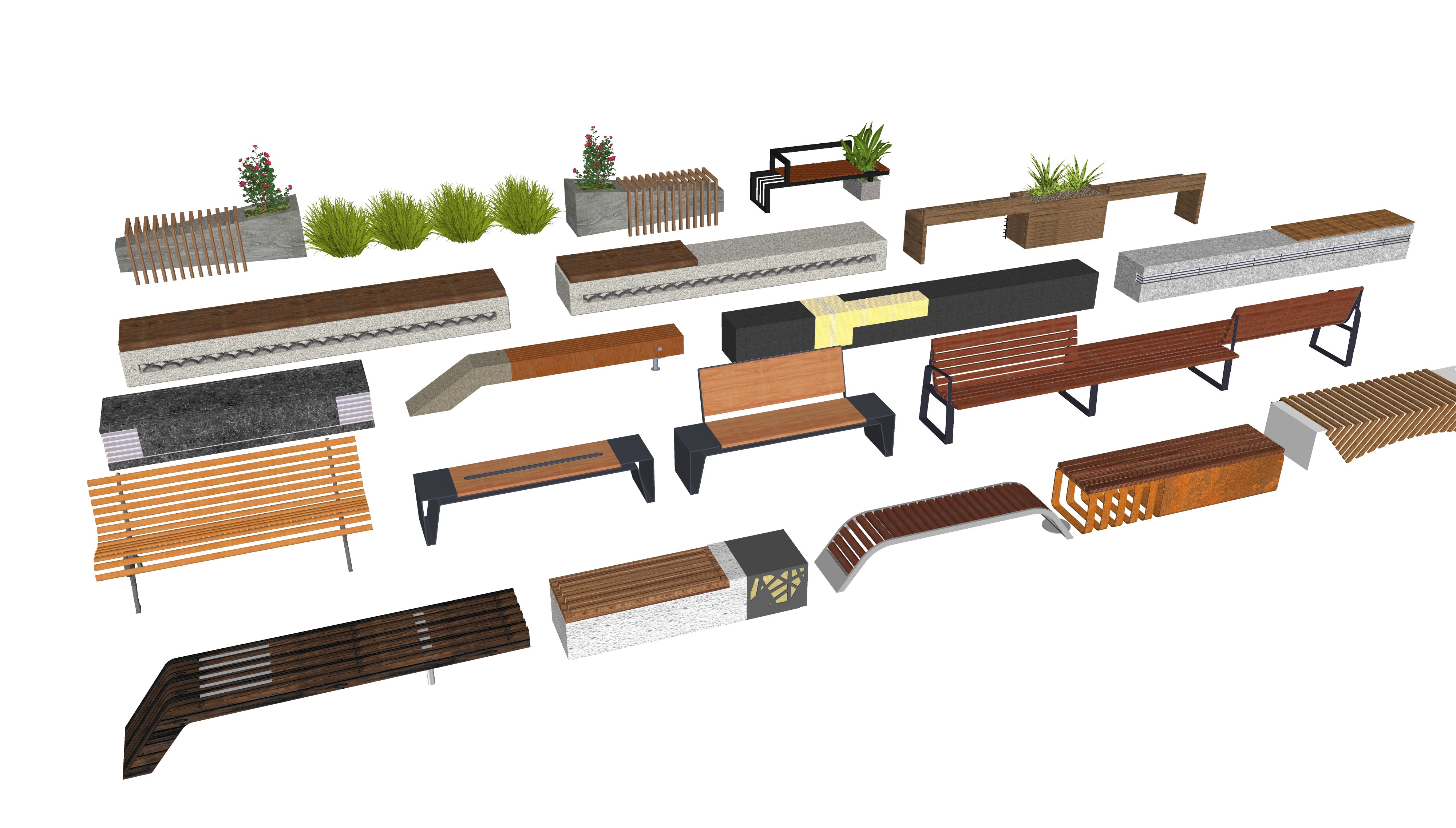 11现代户外休闲坐椅长条凳， su草图模型下载