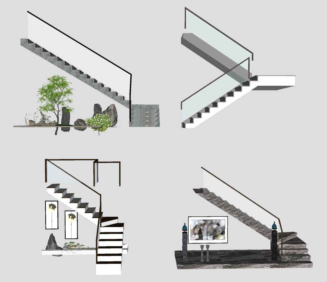 新中式楼梯玻璃扶手栏杆su草图模型下载