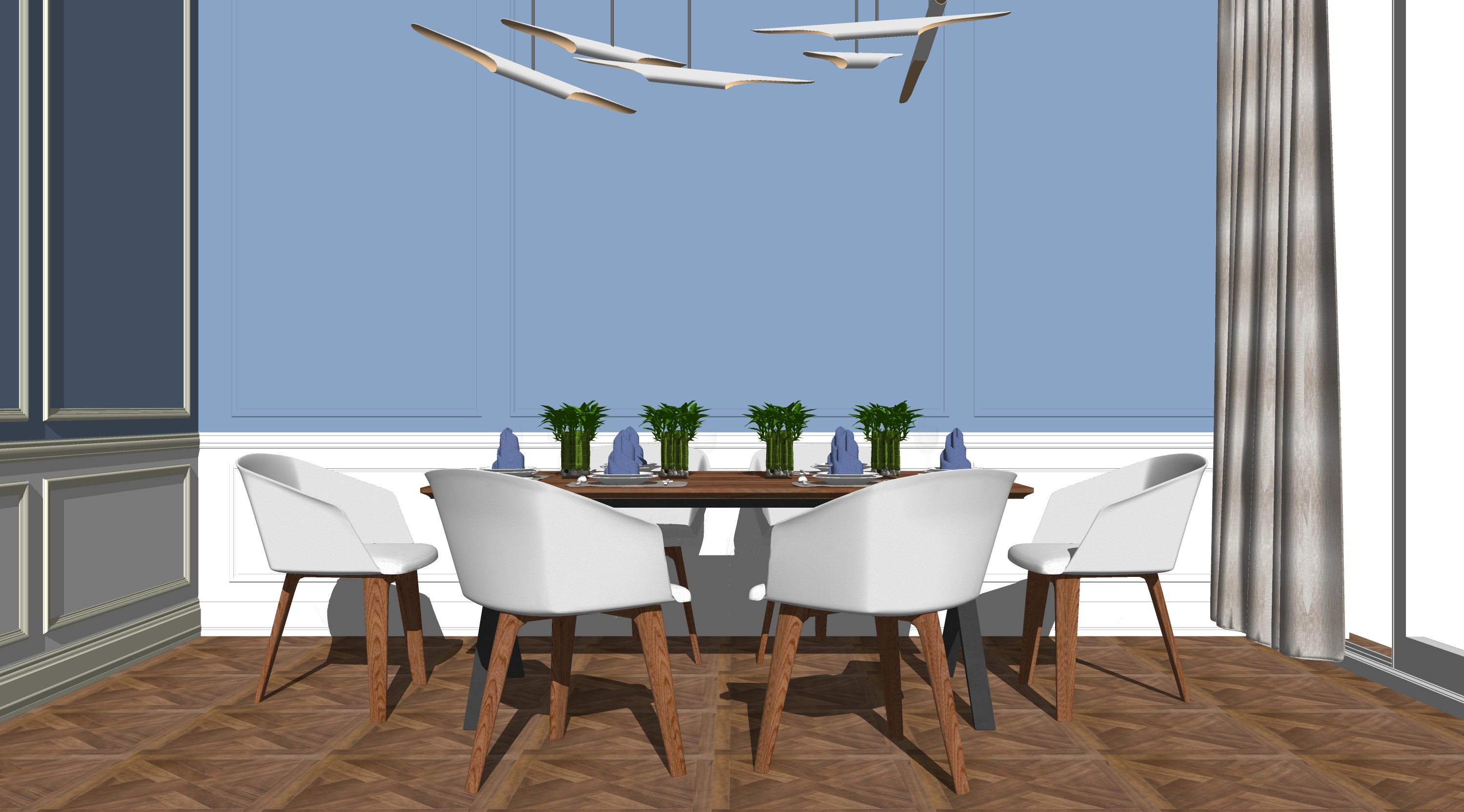 北欧餐厅，餐桌椅su草图模型下载