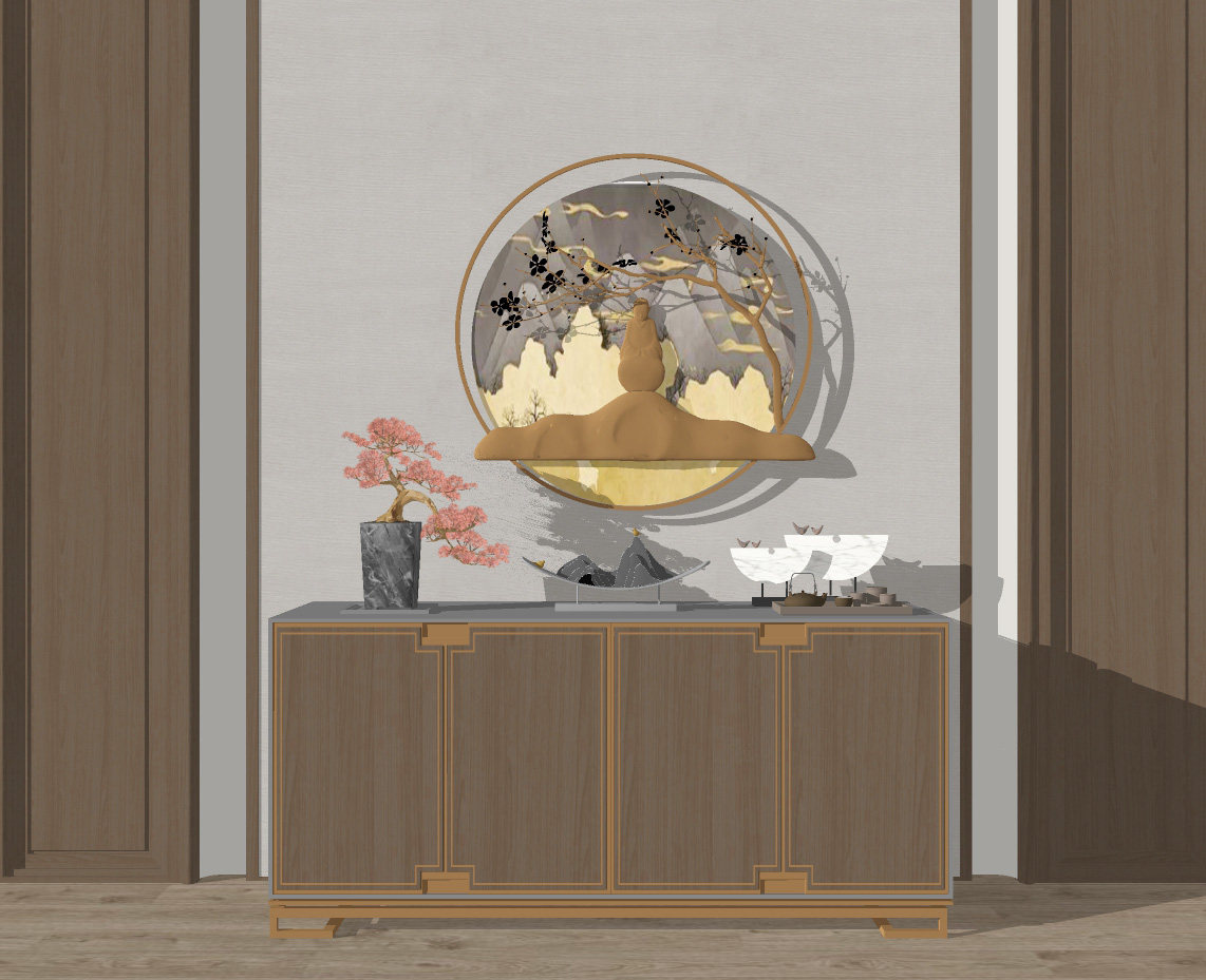 新中式实木端景柜， su草图模型下载