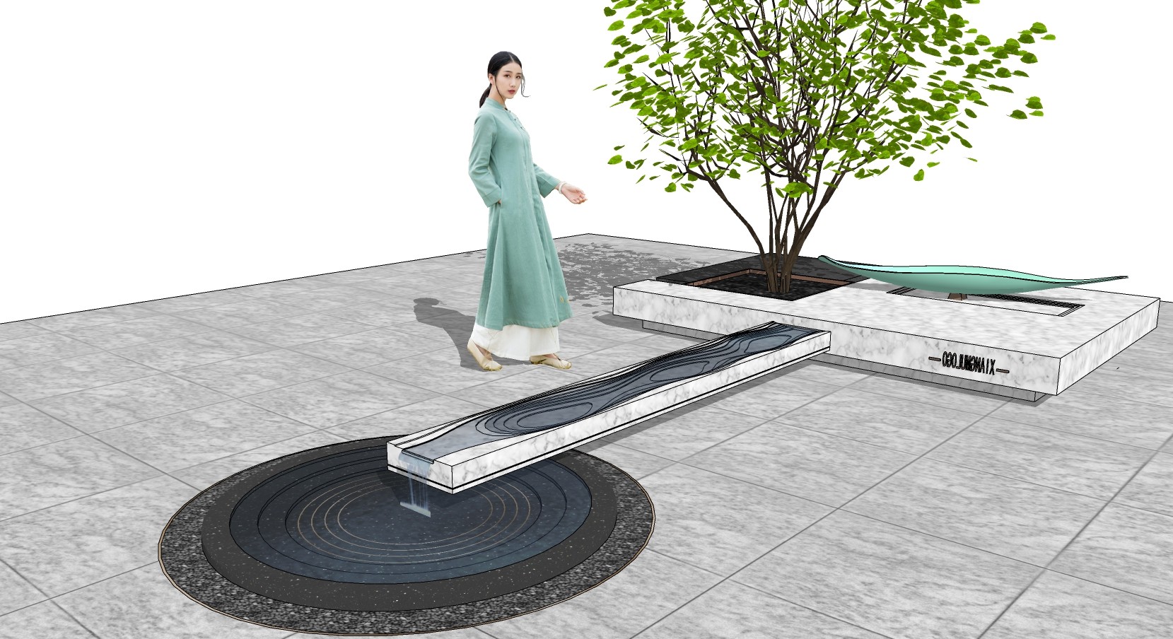 24现代新中式水景雕塑树池人物 su草图模型下载