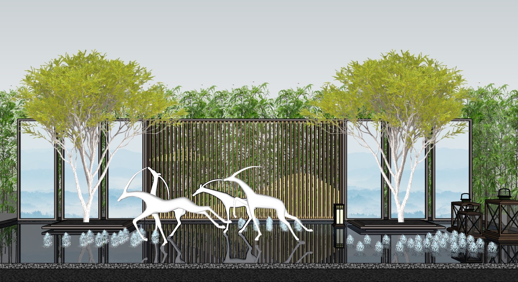 31中式景墙，麋鹿，小鹿造型水景 su草图模型下载