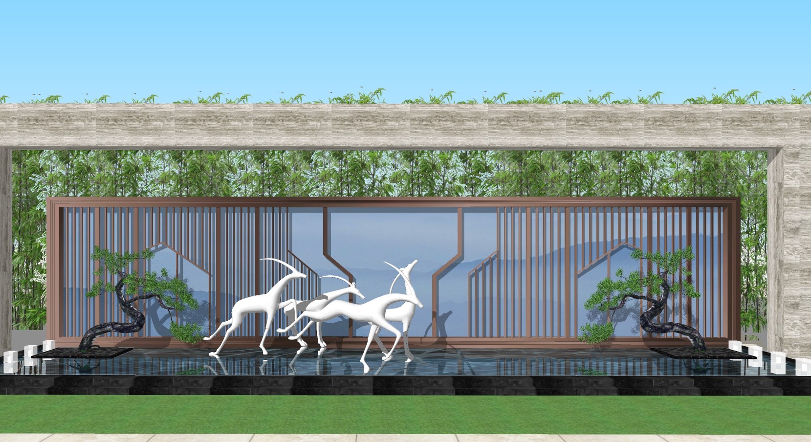 32中式景墙，麋鹿，小鹿造型水景， su草图模型下载