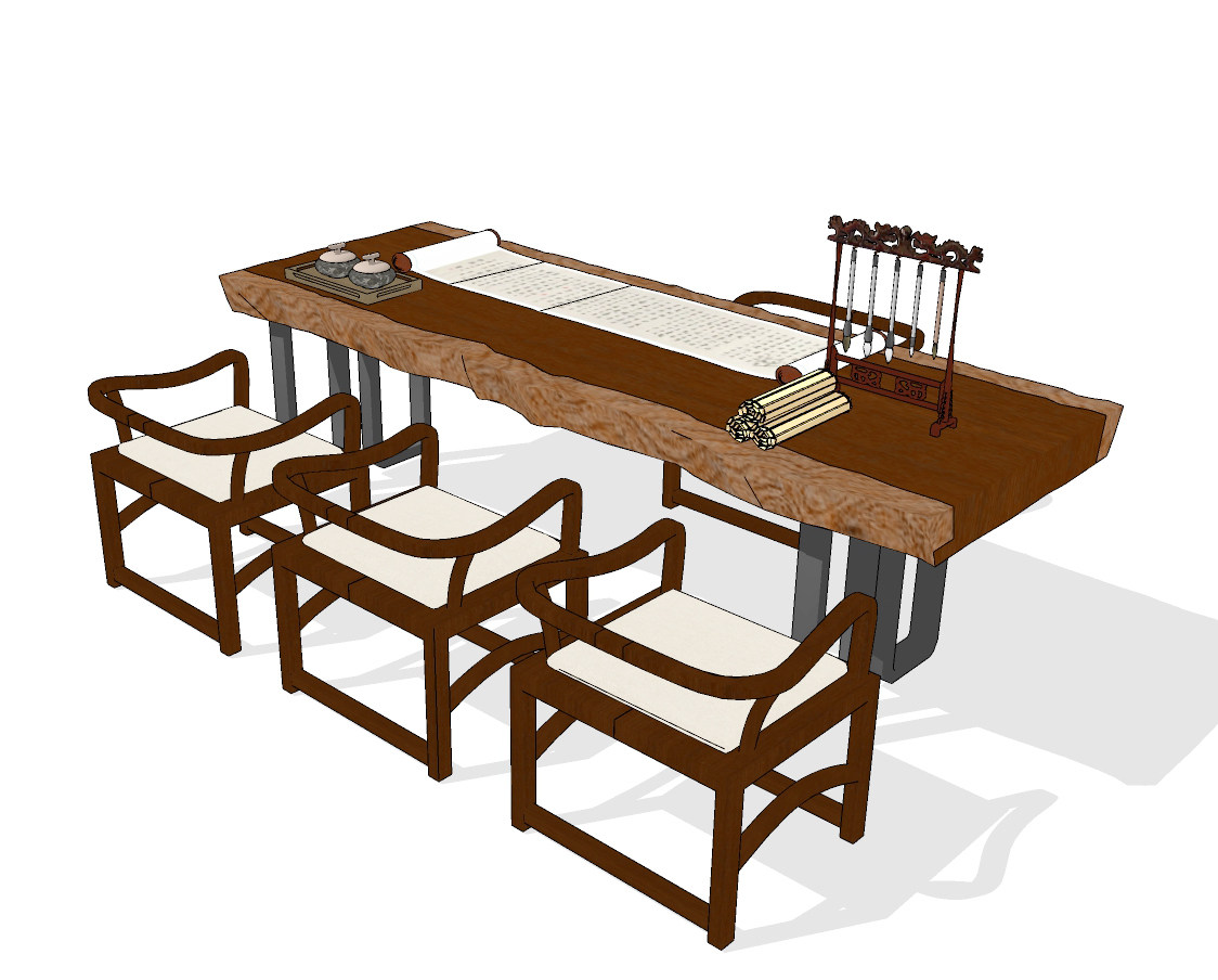 中式实木原木大板，书桌椅笔架，画案，卷轴画su草图模型下载