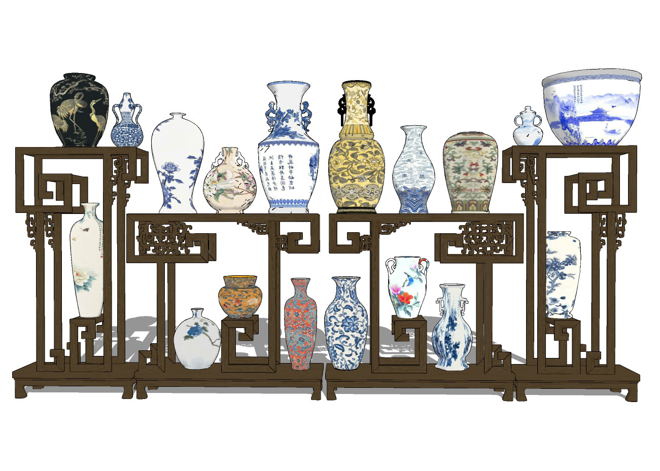 新中式陶瓷，青花瓷，器皿，鱼缸摆件su草图模型下载