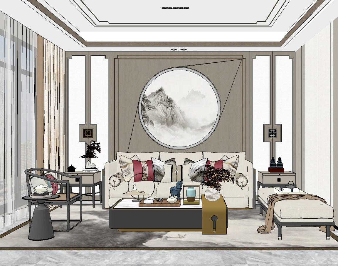 新中式客厅，沙发茶几摆件su草图模型下载
