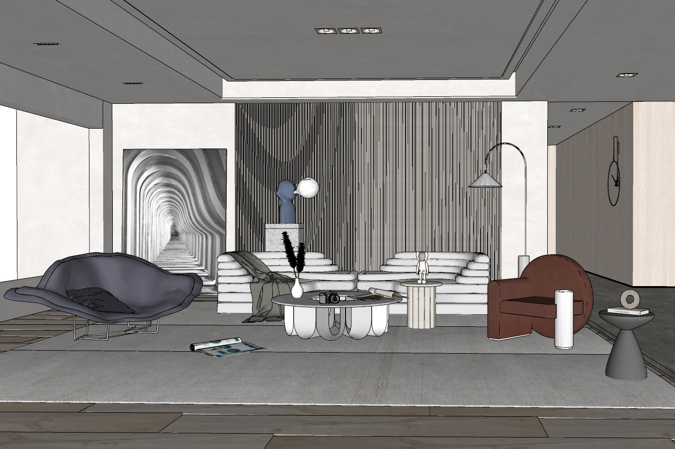 现代布艺异形组合沙发单人沙发茶几客厅su草图模型下载