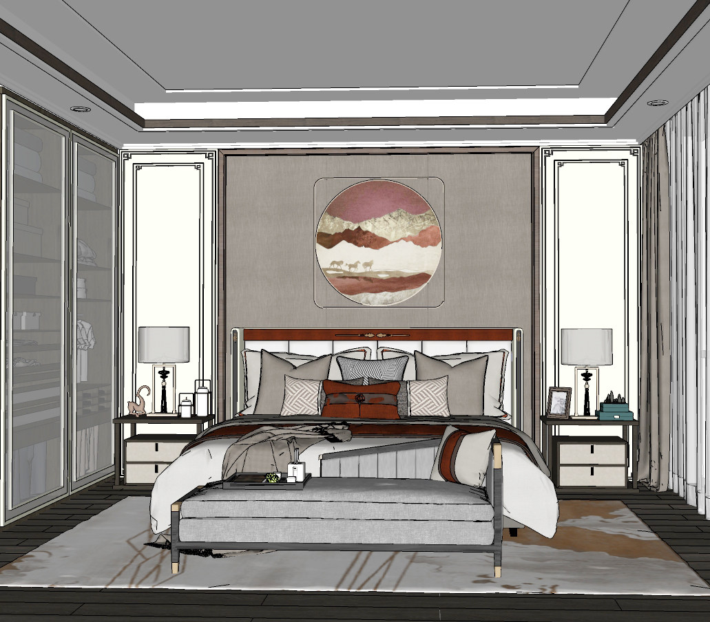 新中式卧室主人房，卧室su草图模型下载