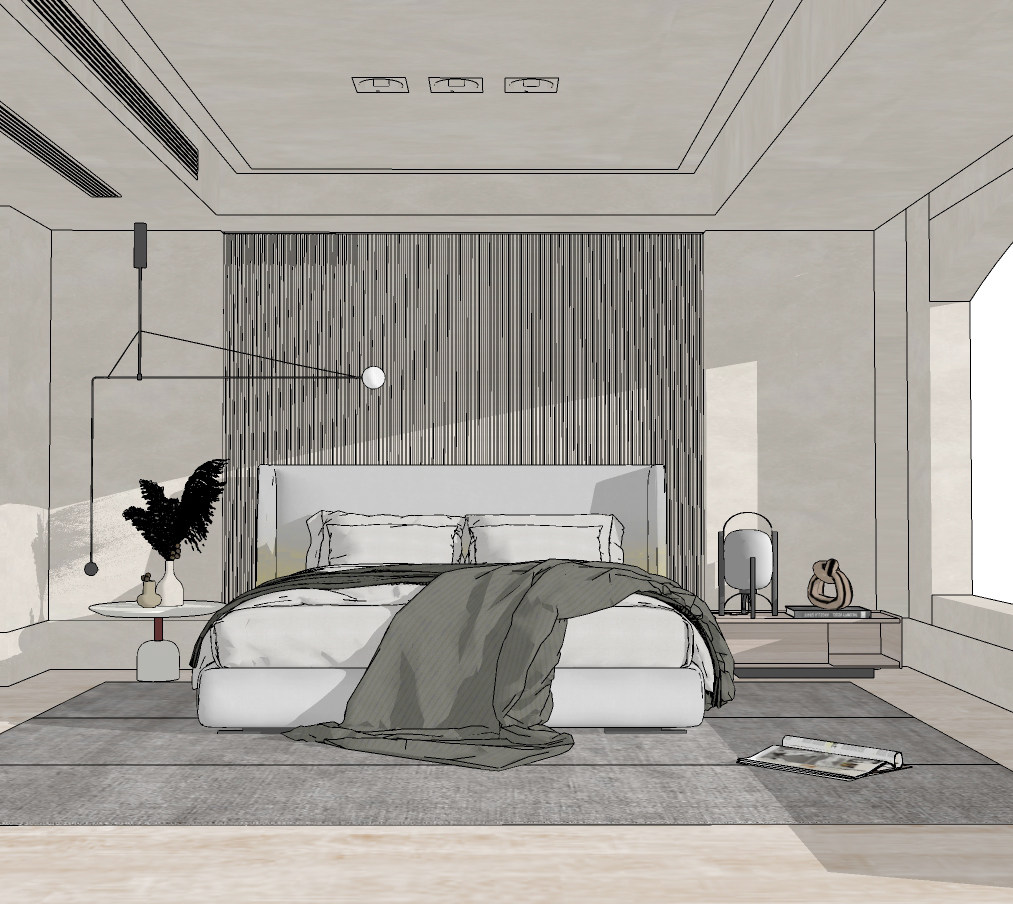 现代卧室，双人床，su草图模型下载