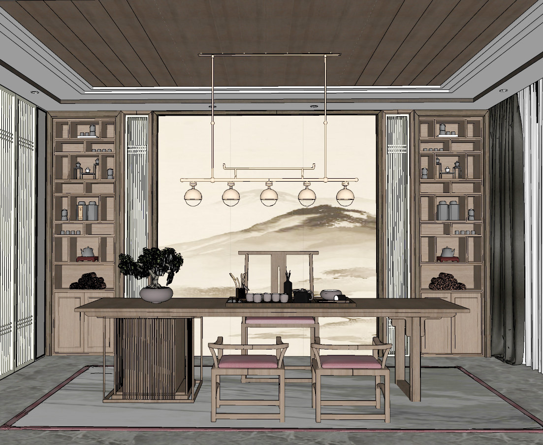 新中式茶室，书房茶台，茶桌椅su草图模型下载