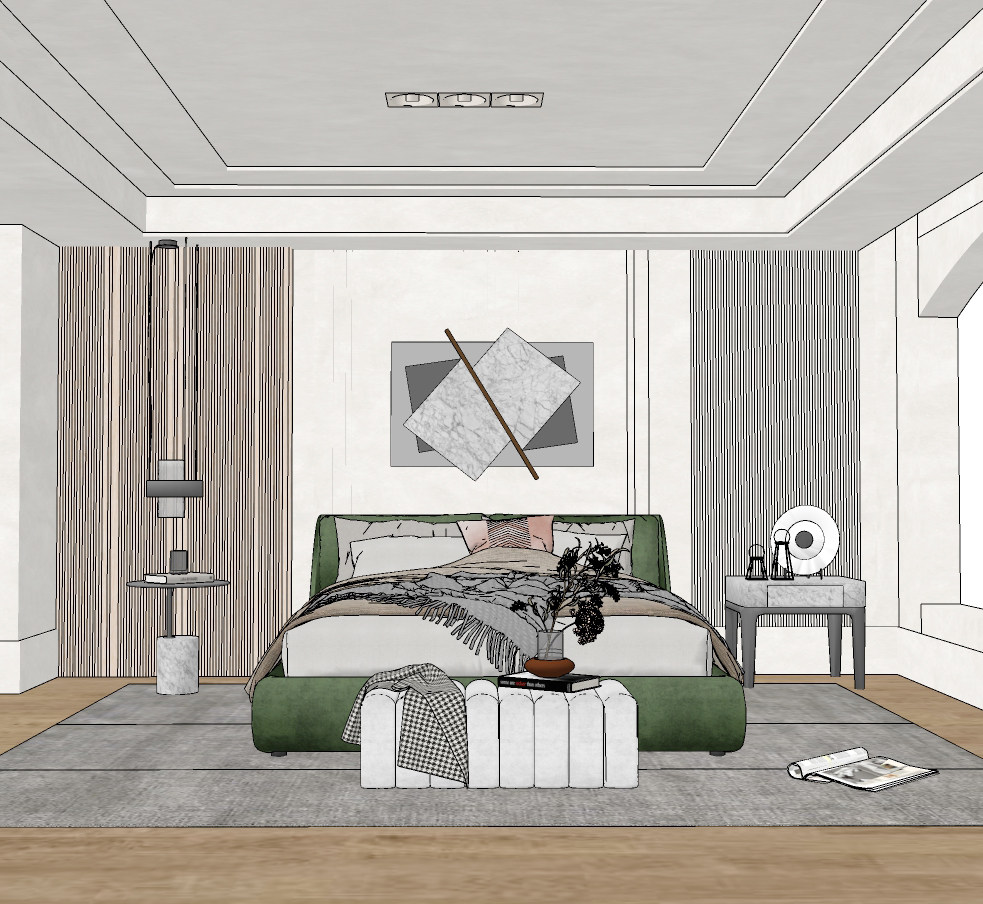 现代轻奢简欧式卧室双人床su草图模型下载