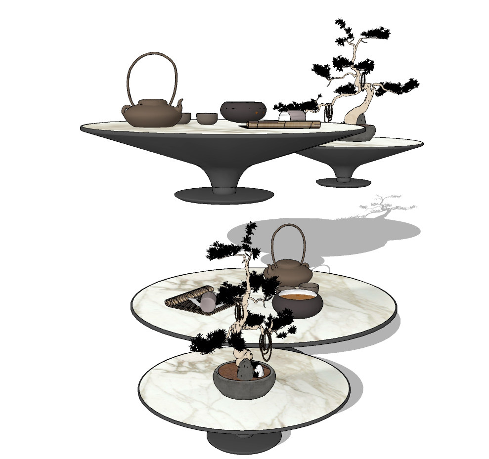 现代圆形茶几茶具，盆景,佛珠su草图模型下载