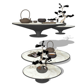 现代圆形茶几茶具，盆景,佛珠su草图模型下载