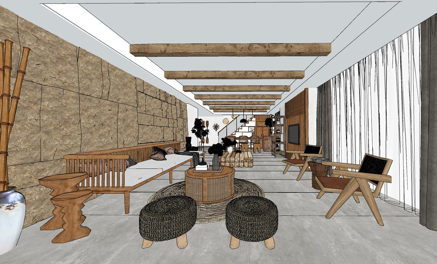 新中式自然风民宿客厅餐厅，沙发椅子边几