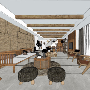 新中式自然风民宿客厅餐厅，沙发椅子边几