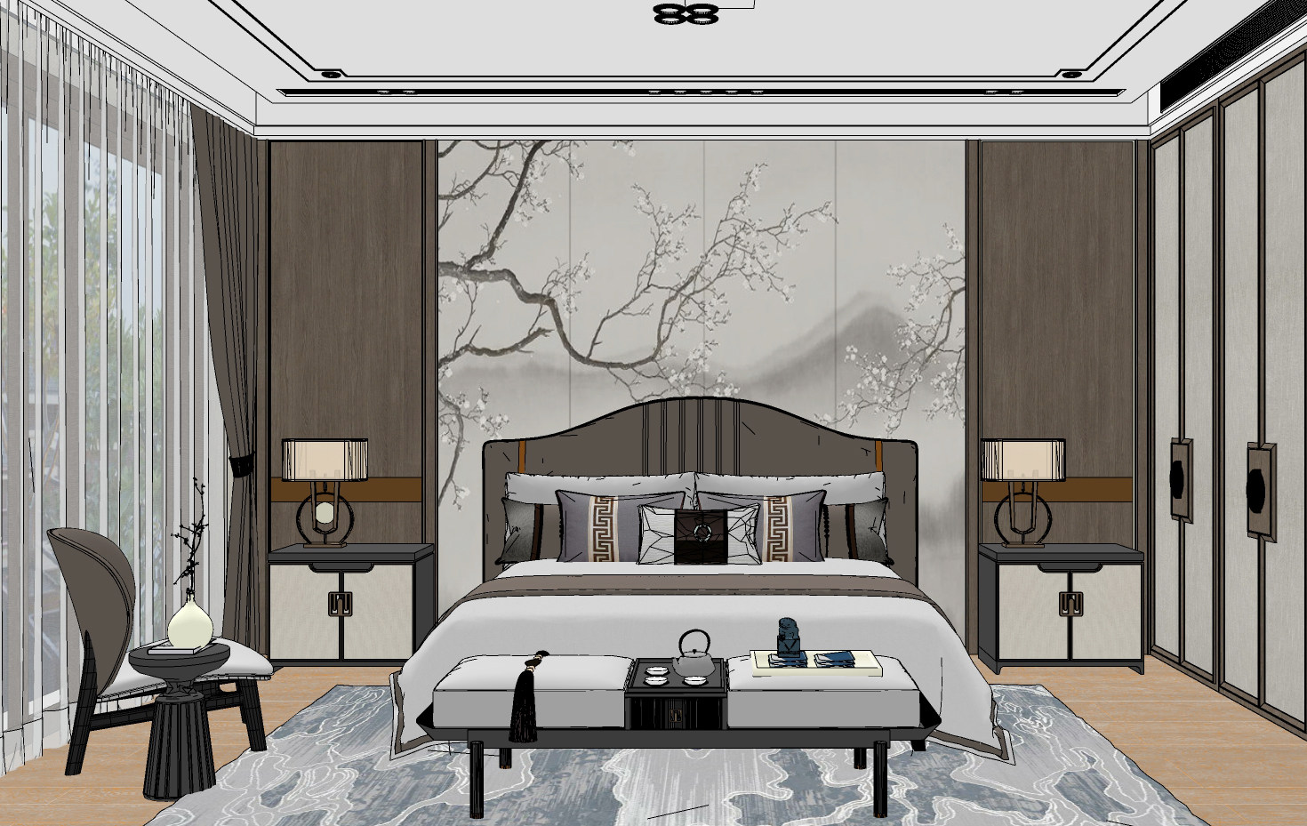 新中式主卧室双人床，su草图模型下载