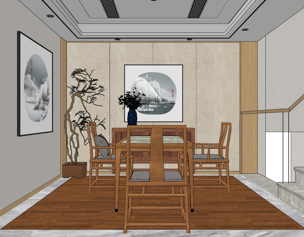 新中式餐厅餐桌椅 su草图模型下载
